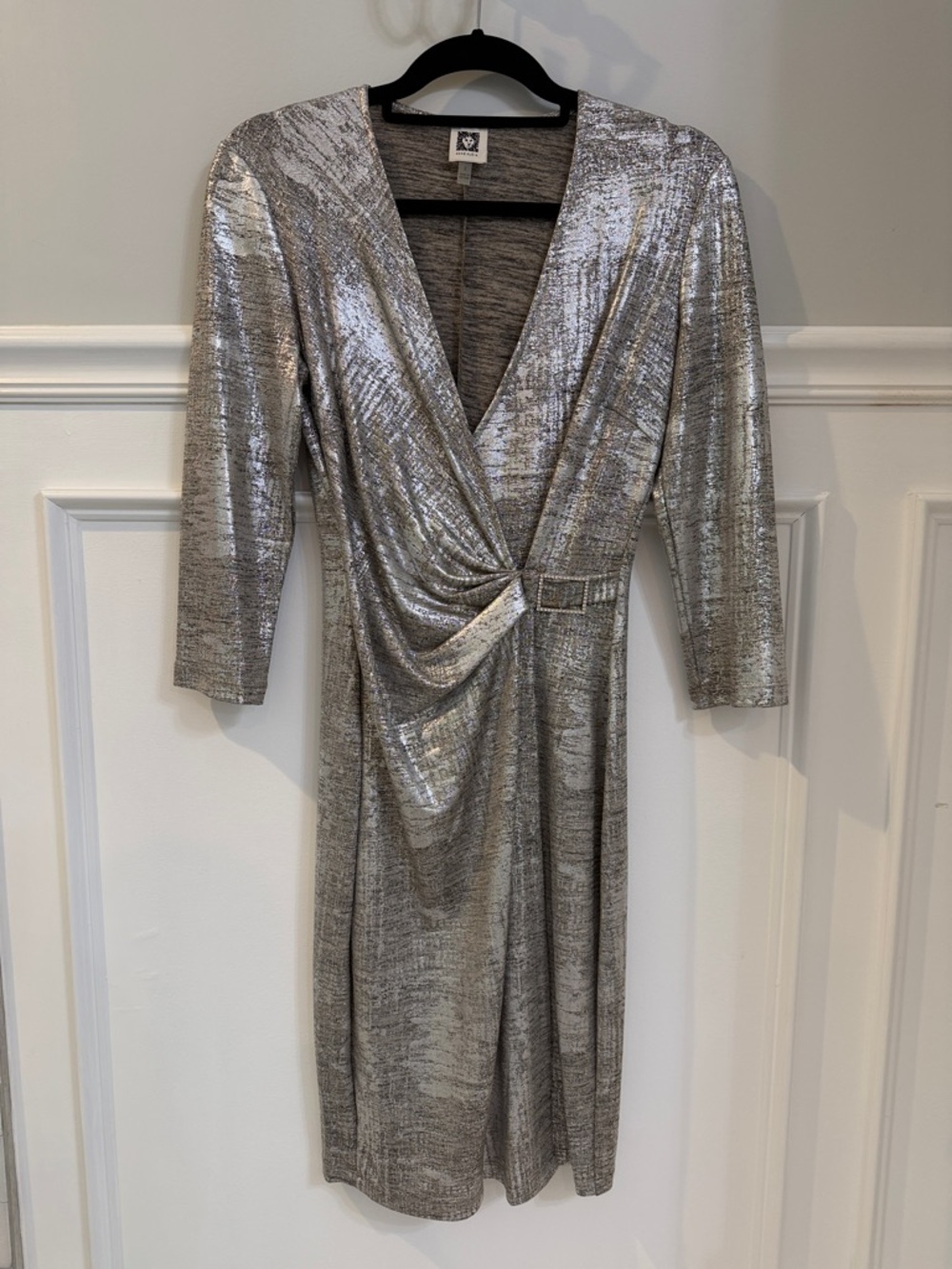 Anne Klein Silver Metallic Long Sleeve V-Neck Dress